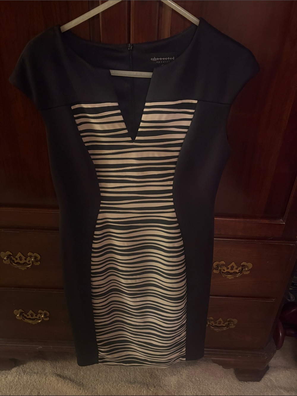 Cap-Sleeve Striped Panel Midi Dress in Black and Cream